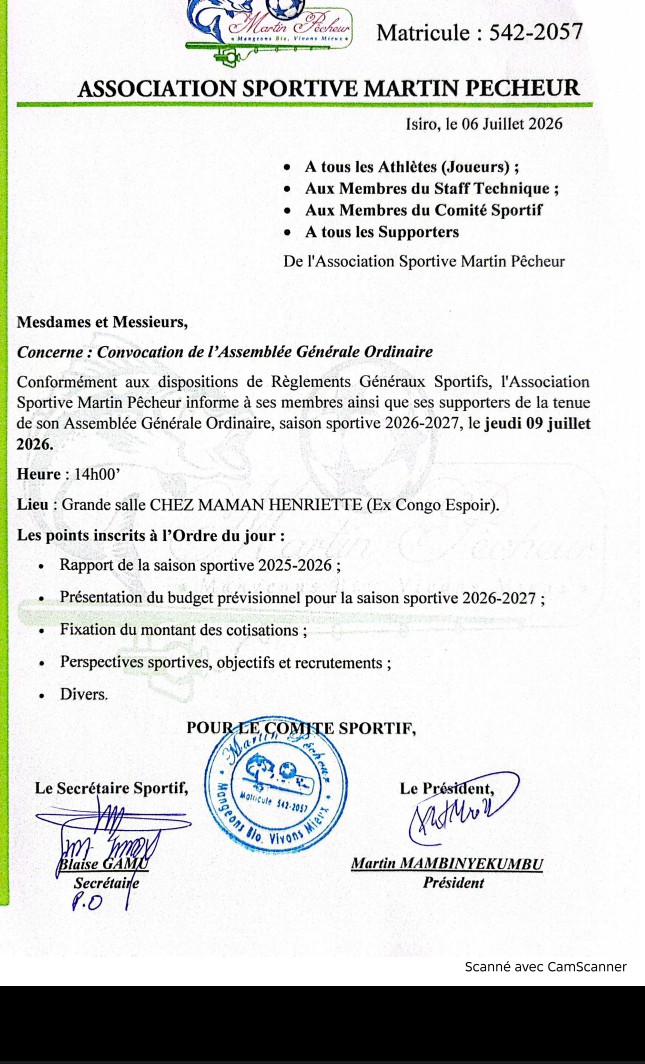 Haut-Uele/Foot : L’AS Martin Pêcheur tient son AG ce jeudi à Isiro pour préparer la saison 2026-2027